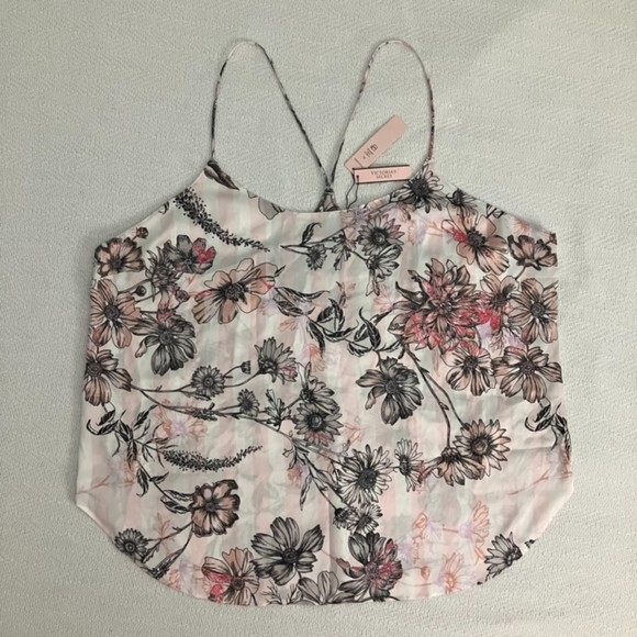 Victoria's Secret XL Satin Racerback Cami Pajama Top Sleepwear Pink Floral Strip - Picture 3 of 8